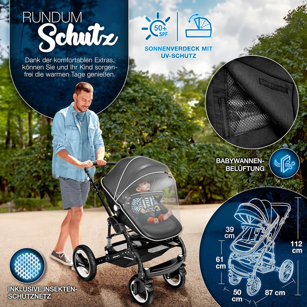 KIDUKU® Set completo passeggino 3 in 1 | Set passeggino combinato con navicella e sedile sportivo passeggino e seggiolino auto ovetto sacco a pelo | Ruote in gomma piena borsa per il cambio scaldamani parapioggia tavolino ECE R129