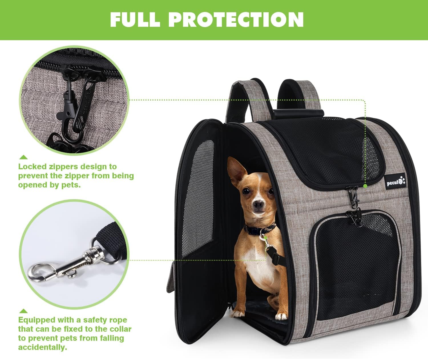 pecute Hunderucksack Erweiterbar, Faltbar Katzenrucksack Katzen mit Anti-offener Reiverschluss, Rucksack Hund mit Netz Fenster Grau XL, für Hunde Katzen Haustiere (40 * 33 * 49cm)