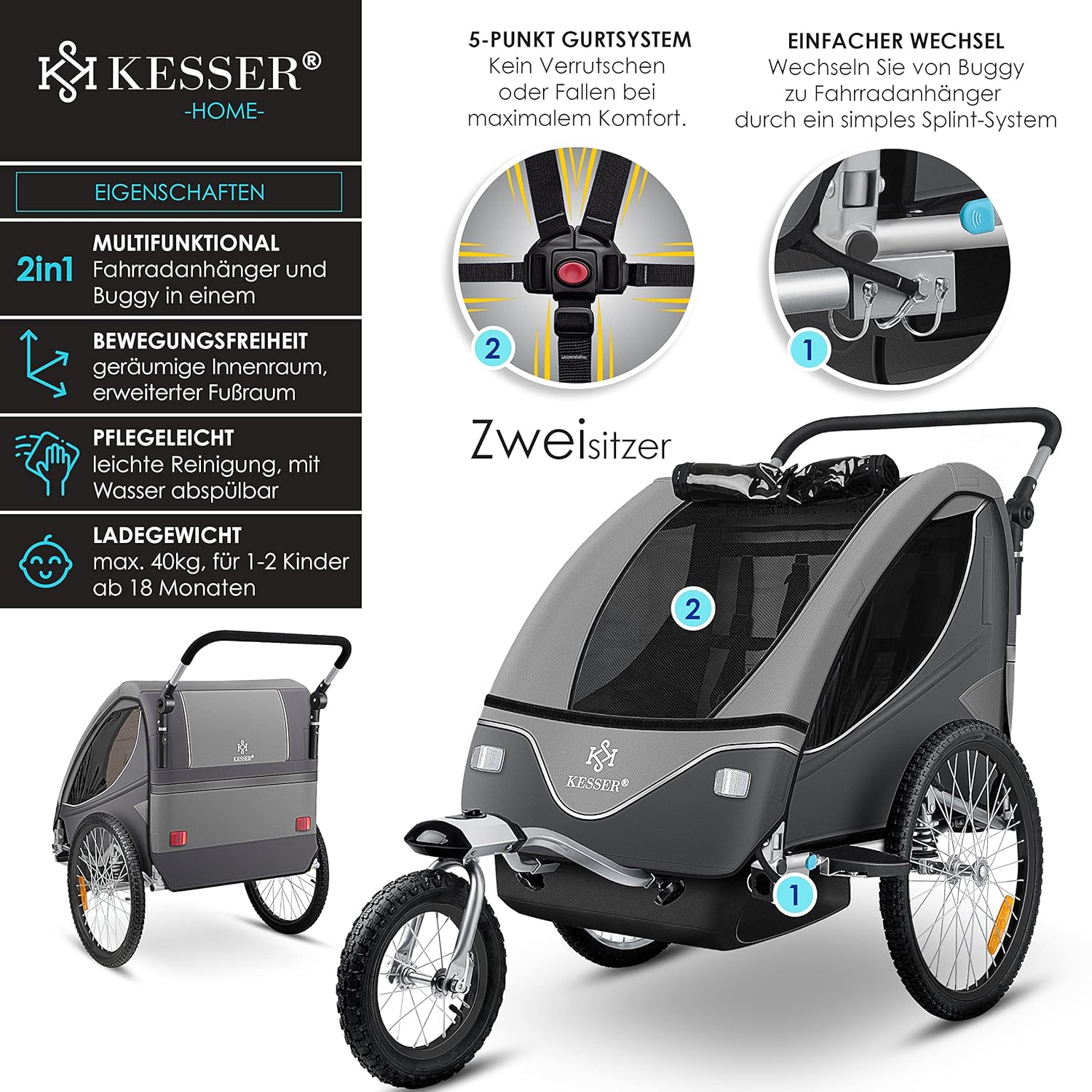 KESSER® Kinderanhänger Fahrradanhänger 360° Drehbar mit Federung 2in1 Joggerfunktion Kinderfahrradanhänger + 5-Punkt Gurt Jogger Fahrrad Anhänger für 1 bis 2 Kinder max. 40kg Inkl. Warnfahne Hellgrau