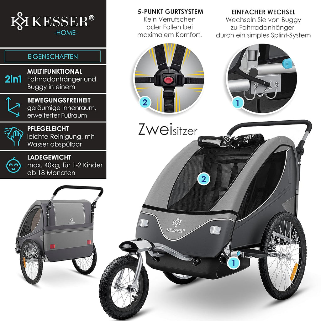 KESSER® Kinderanhänger Fahrradanhänger 360° Drehbar mit Federung 2in1 Joggerfunktion Kinderfahrradanhänger + 5-Punkt Gurt Jogger Fahrrad Anhänger für 1 bis 2 Kinder max. 40kg Inkl. Warnfahne, Schwarz
