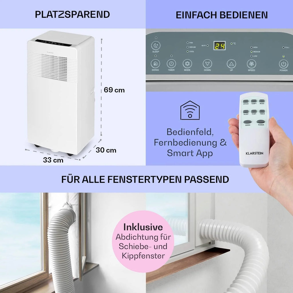 Klarstein Condizionatore Portatile 3-in-1 con Tubo di Scarico, Climatizzatore con Ventilatore, Deumidificatore e Modalità Notturna, Climatizzatore Piccolo e Portatile per Casa e Ufficio, 12000 BTU Basso Consumo