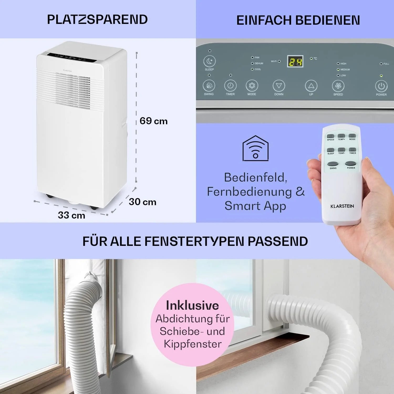 Klarstein Condizionatore Portatile 3-in-1 con Tubo di Scarico, Climatizzatore con Ventilatore, Deumidificatore e Modalità Notturna, Climatizzatore Piccolo e Portatile per Casa e Ufficio, 12000 BTU Basso Consumo