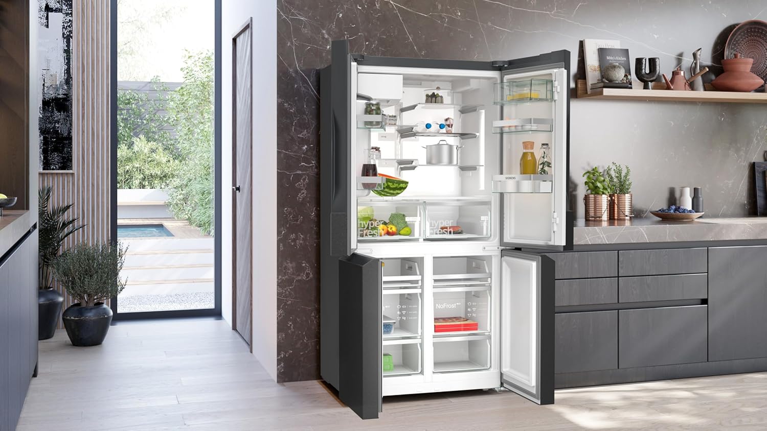 Frigorifero Multic дверный SIEMENS KF96NVPEA iQ300, 183 x 91 cm, 405 L di refrigerazione e 200 L di congelamento, hyperFresh per una freschezza più duratura, noFrost per non sbrinare mai più, superCooling per un raffreddamento più rapido