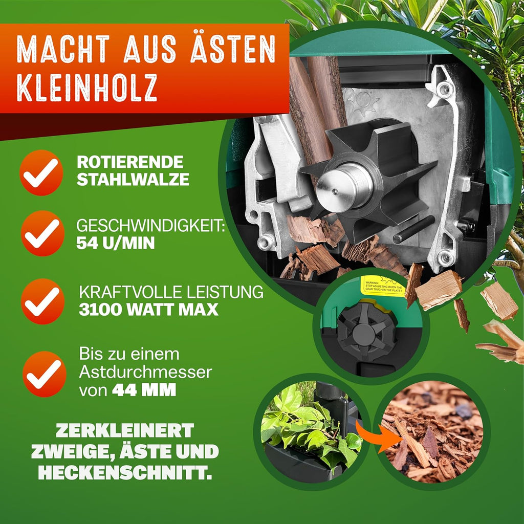 Gardebruk® Leisehäcksler 3100 W max. 44 mm Aststärke Elektrisch 2 x 60 L Auffangbeutel Gartenhäcksler Walzenhäcksler Schredder Häcksler