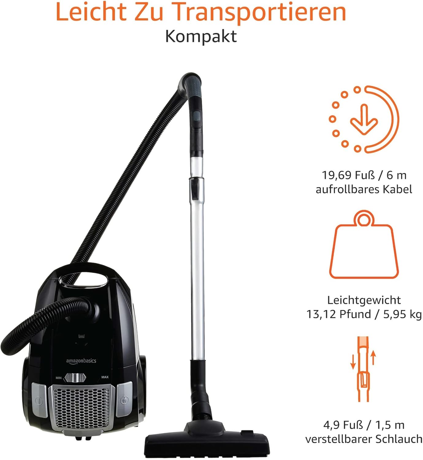 Amazon Basics - Aspirapolvere con sacchetto, potente, compatto e leggero, per pavimenti duri e tappeti, filtro HEPA, 700 W, 1,5 l, UE, nero
