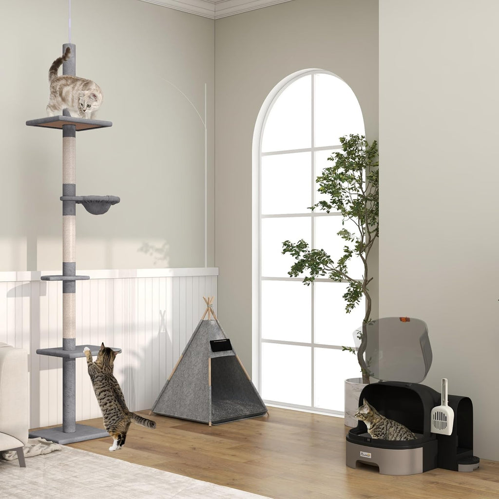 PawHut Katzenbaum mit Laufrad 4-Stock Kratzbaum Katzenhaus mit Sisalsäulen Katzenhöhle Kiefernholz Natur 80 x 50 x 143 cm