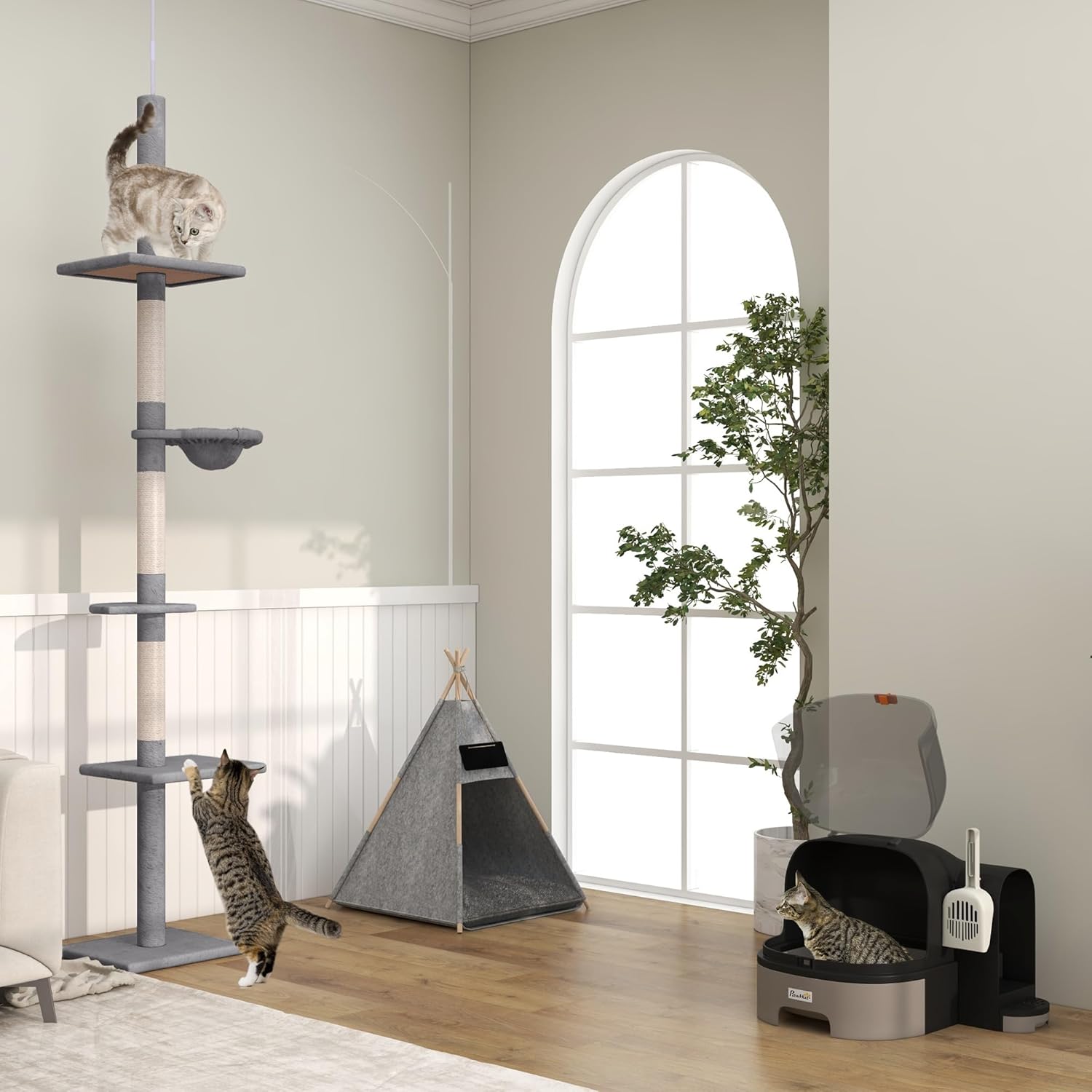 PawHut Katzenbaum mit Laufrad 4-Stock Kratzbaum Katzenhaus mit Sisalsäulen Katzenhöhle Kiefernholz Natur 80 x 50 x 143 cm