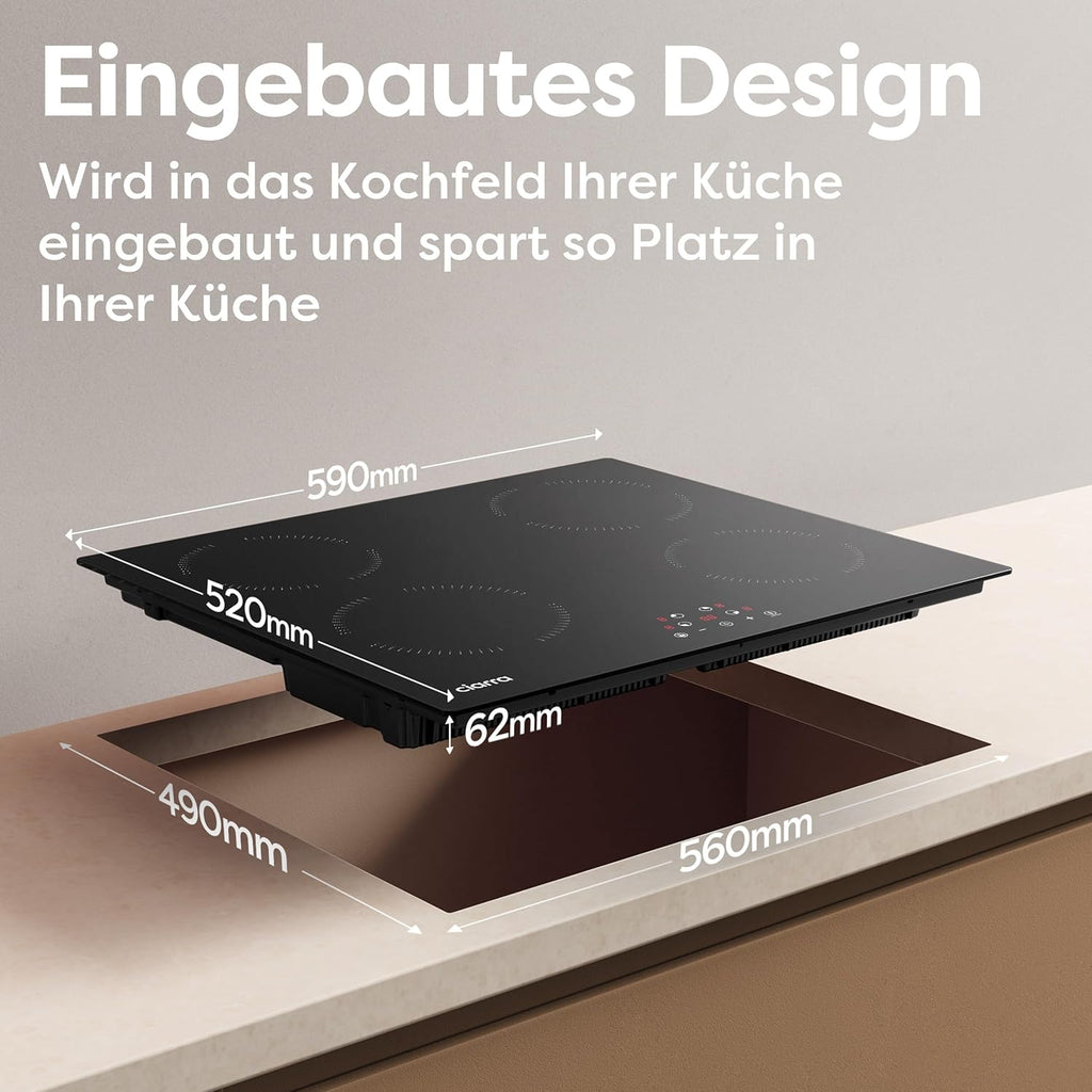 Ciarra CABBIH4-C 4 Zonen Einbau Induktionskochfeld 60cm Kochfeld Induktion Herdplatte Touch-Bedienung mit 4 Platten 9 Leistungsstufen Induktionskochplatte Timer 6000W