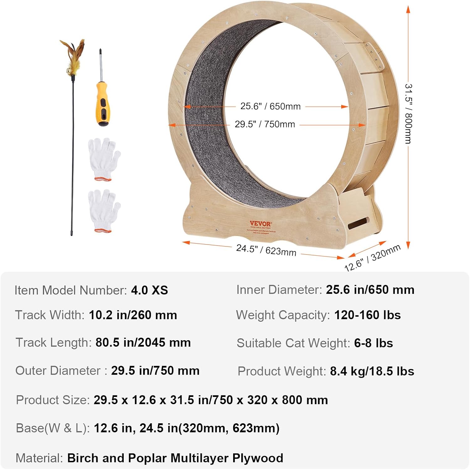 VEVOR Katzenlaufrad 1320x340x1415mm Laufrad Katzen aus Birken-& Pappelsperrholz Katzenrad Geruscharm Abnehmbare Innenmatte Cat Wheel Geeignet für Katzen mit einem Gewicht von 8kg bis 14kg