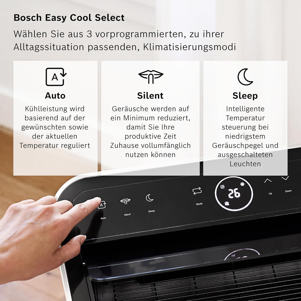 Bosch Cool 4000 Climatizzatore Mobile - 3-in-1: Climatizzatore, Deumidificatore, Ventilatore - 2,6 kW per ambienti fino a 35m² - Con modalità automatica, silenziosa e notturna