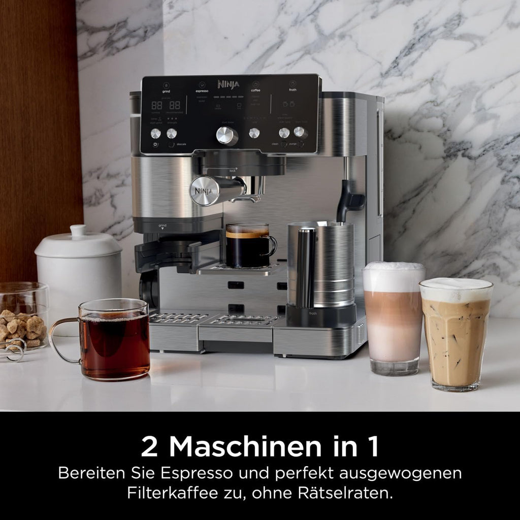Ninja Luxe Essential Macchina da caffè 2-in-1 con macinacaffè e montalatte per latte, cappuccino ed espresso, facile da usare, 2 impostazioni predefinite per la schiuma, argento, ES501EU