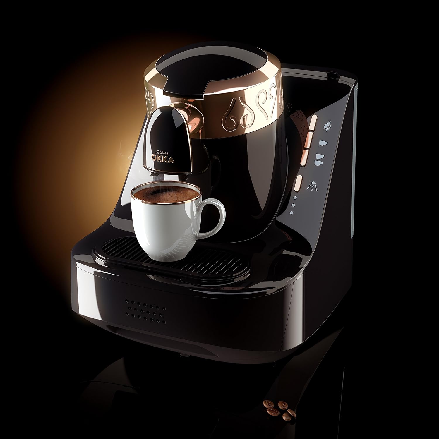 Arzum Okka Türkischer Kaffeemaschine, Vollautomatisch, 3 Tassen Größen, Selbstreinigungsfunktion, 950 ml Wassertank, Überschutzsensor, Kompaktes Design, Schwarz-Gold