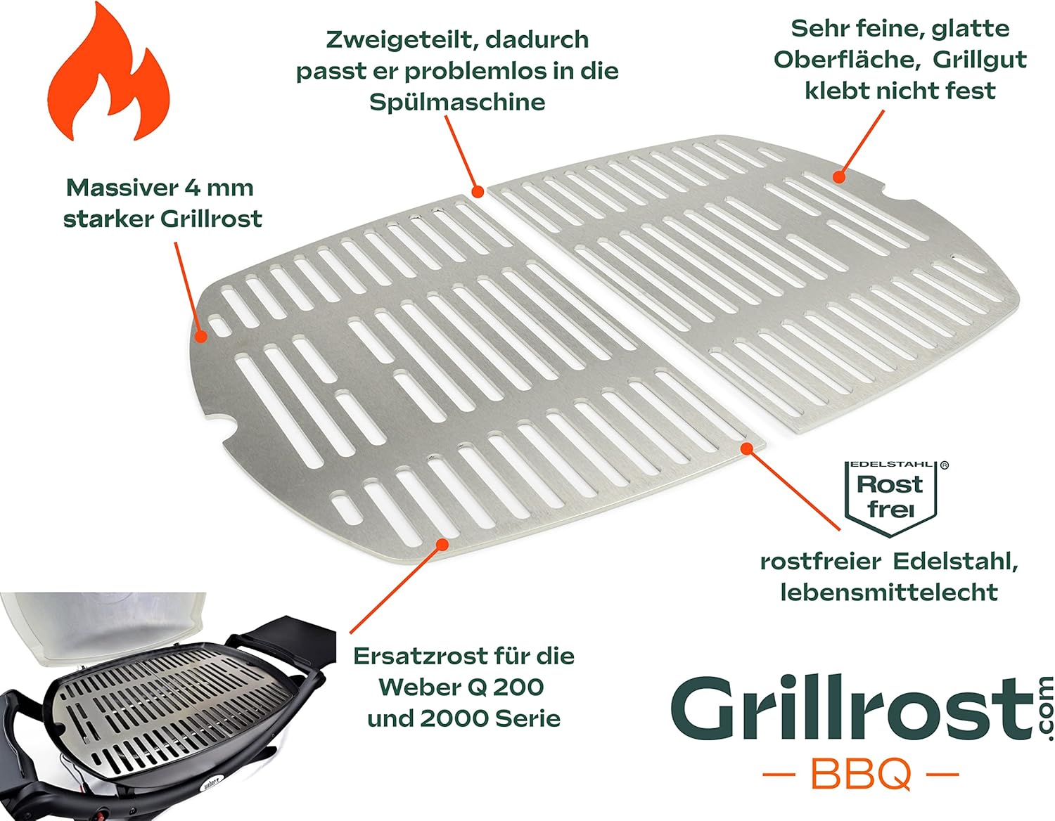 Griglie in acciaio inox per Weber Q300/3000 | lavabili in lavastoviglie - set da 2 pezzi