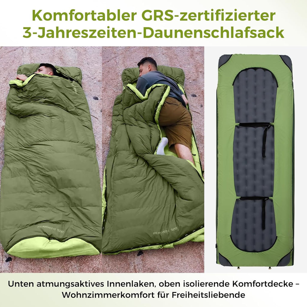 ATEPA Daunen Schlafsack Winter mit abnehmbare Decke, daunen Schlafsack XXL für 3-4 Jahreszeiten mit mattenbefestigung, Fußkasten, Zwei-Wege-Reißverschluss, Camping Outdoor