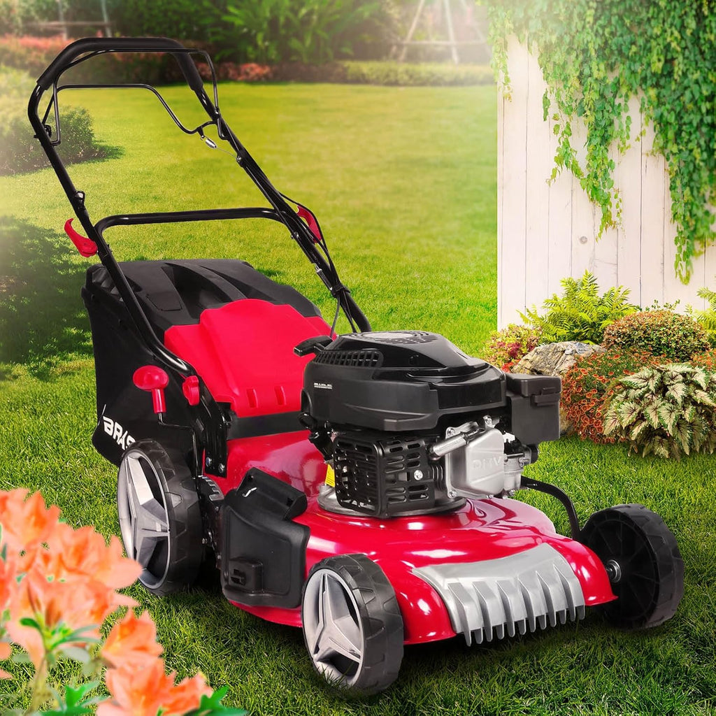 BRAST® Benzin Rasenmäher mit Antrieb | 3,5kW (4,76PS)-5,2kW(7PS) | 46-51cm Schnittbreite | viele Modelle | TÜV | 4 Takt OHV Motor | 30-80mm Schnitthöhe | 60L Fangkorb | Stahlgehäuse | RED LINE 7PS