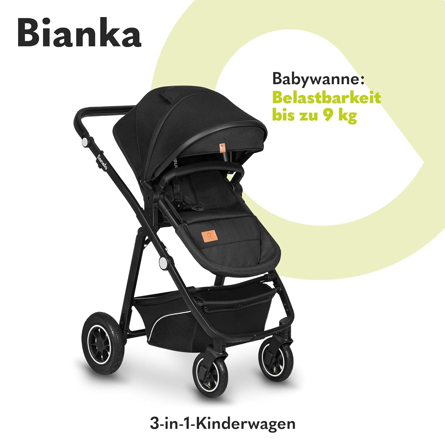 LIONELO BIANKA Kinderwagen 3 in 1 bis 22 kg Babywanne Autositz Zusammenlegbar, Reise-System, Einstellung der Rückenlehne, Räder 360o Stoßdämpfer, Verdeck XXL