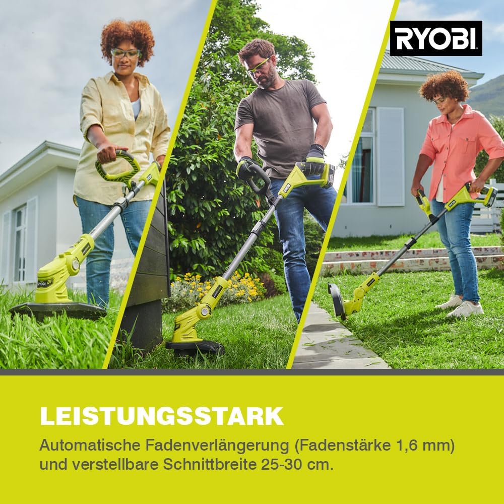 RYOBI 18 V ONE+ Akku-Rasentrimmer mit Radführung RY18LT33A-0 (33 cm Kantenschneidefunktion mit Fußsteuerung, Ø Fadenspule 1 x 1,65 mm, ohne Akku und Ladegerät)