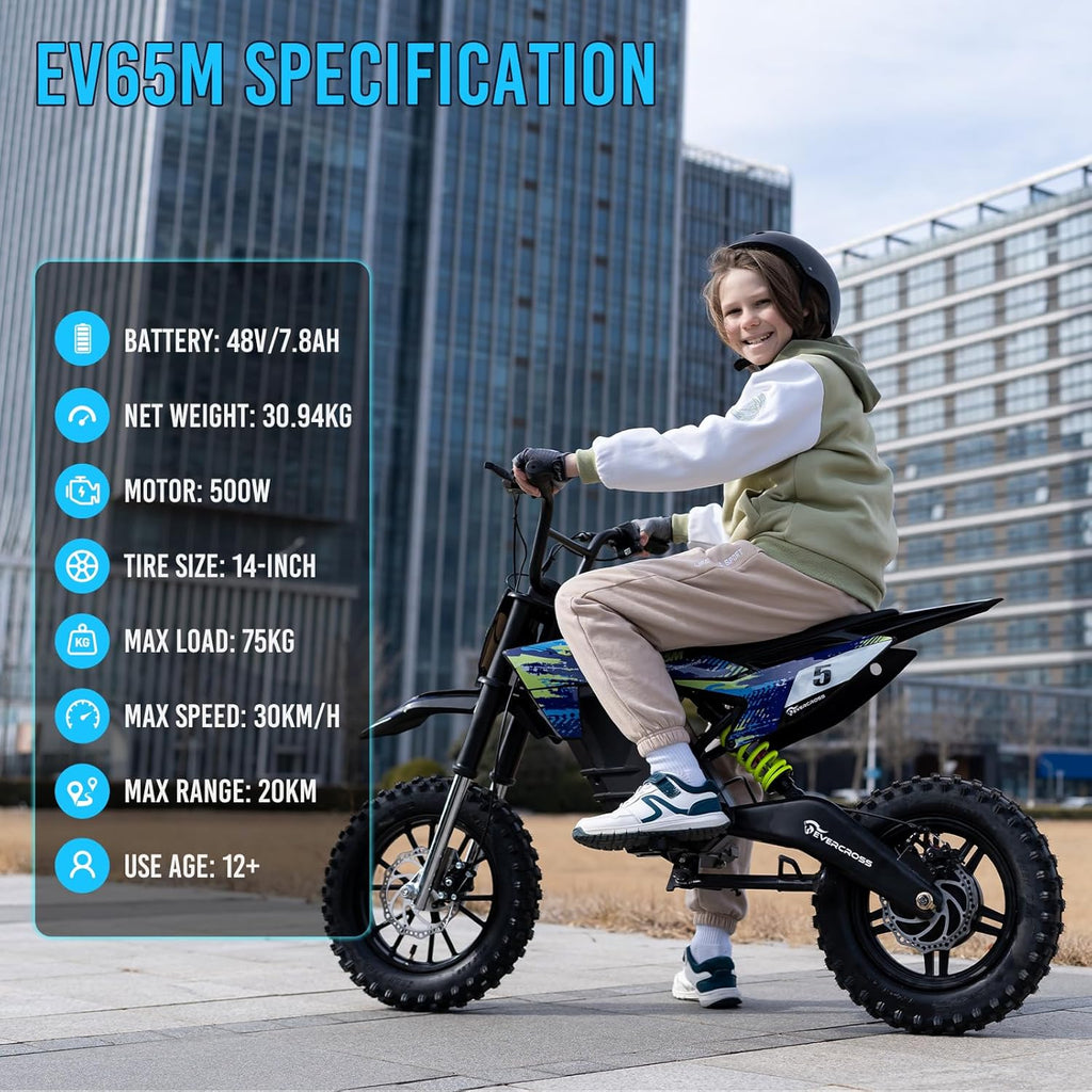 EVERCROSS EV65M Elektro Motorrad, Elektro Motocross mit 48V 7.8Ah, 10/20/30 KMH Geschwindigkeitsmodus, 500W Motor, 14''Luftreifen, Doppelte Stoßdämpfung,Elektromotorrad für Alter 12+ Jahren