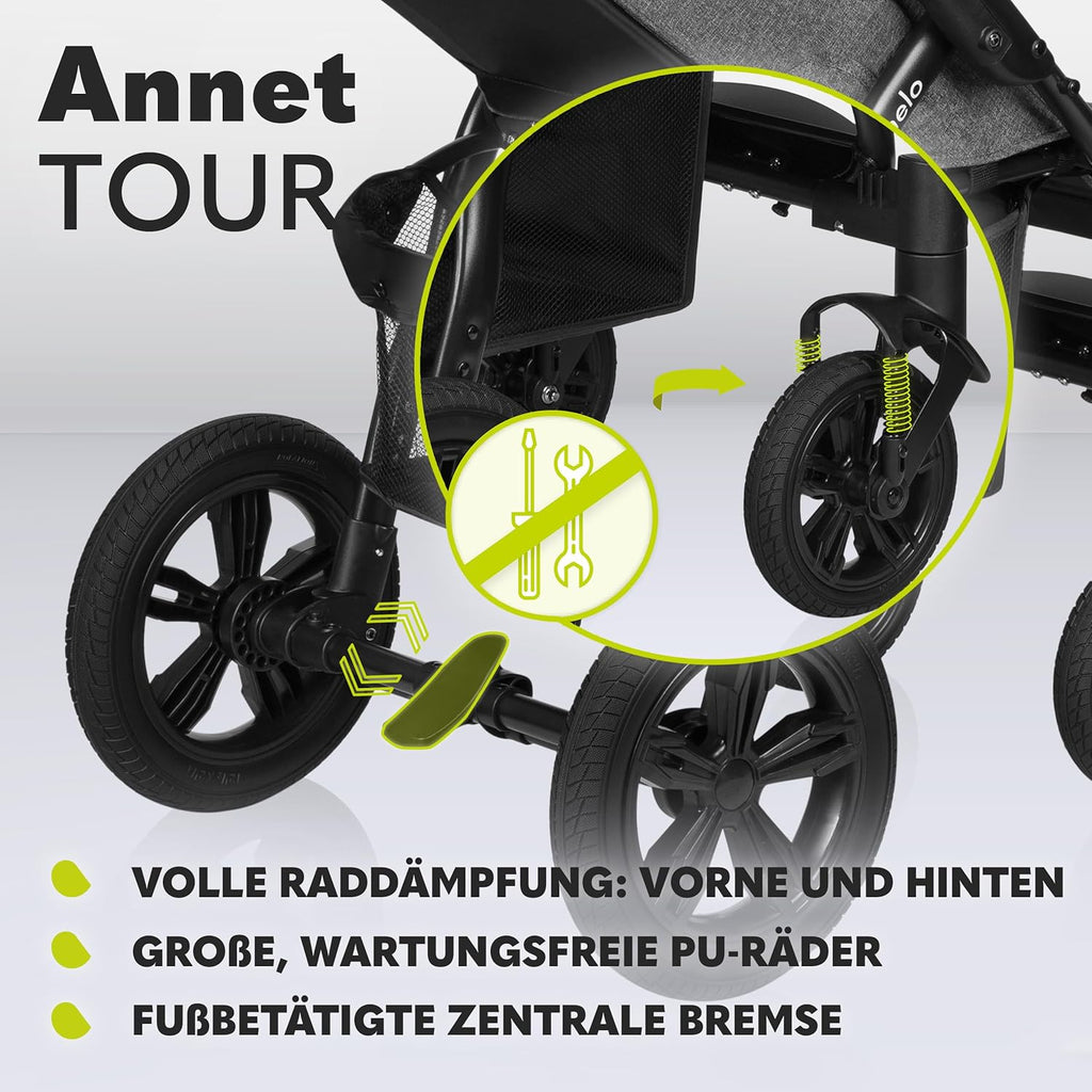 LIONELO Annet Tour Kinderwagen bis 22 kg, verstellbarer Griff, zusammenklappbar, verstellbare Rückenlehne bis zur Liegeposition, wartungsfreie Räder, XXL-Verdeck, 5-Punkt-Gurt, Einkaufskorb