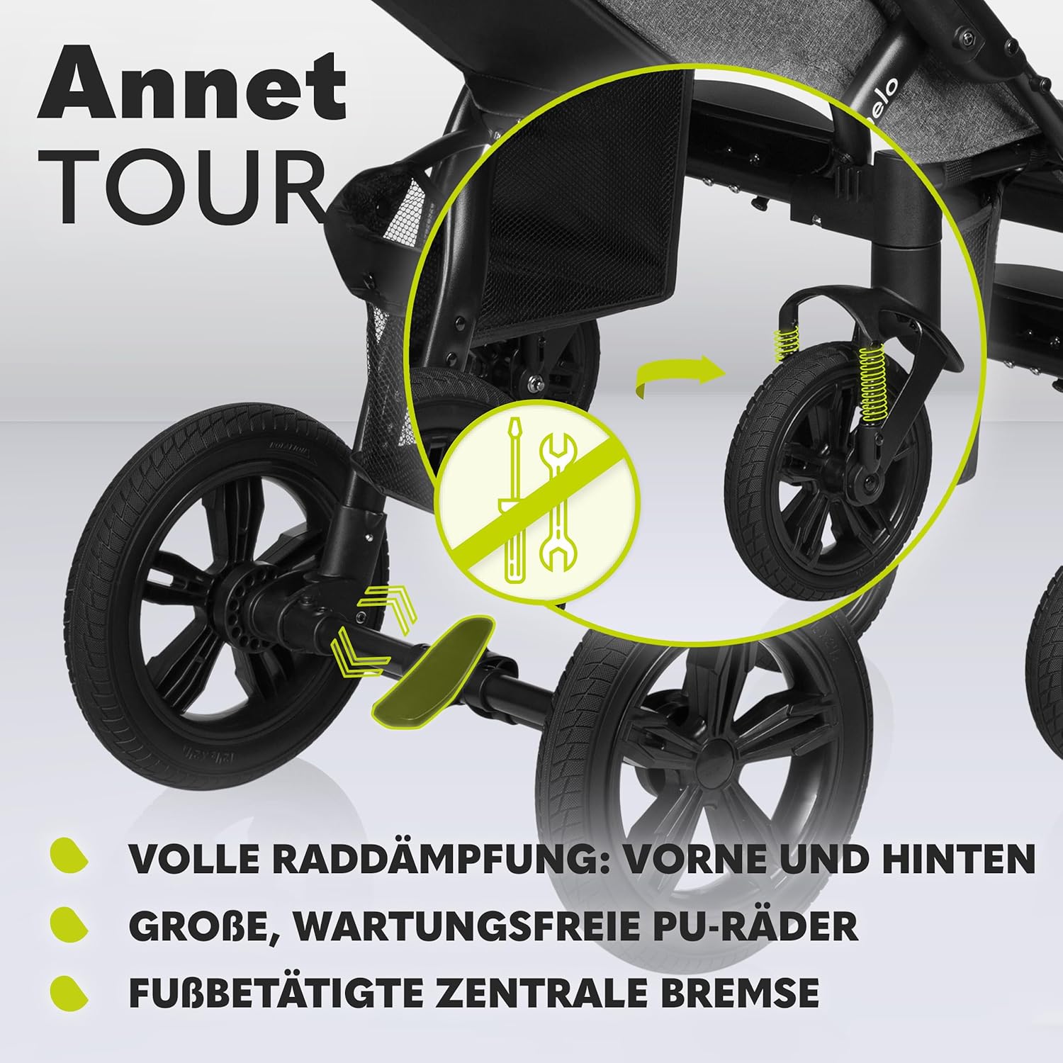 LIONELO Annet Tour Kinderwagen bis 22 kg, verstellbarer Griff, zusammenklappbar, verstellbare Rückenlehne bis zur Liegeposition, wartungsfreie Räder, XXL-Verdeck, 5-Punkt-Gurt, Einkaufskorb