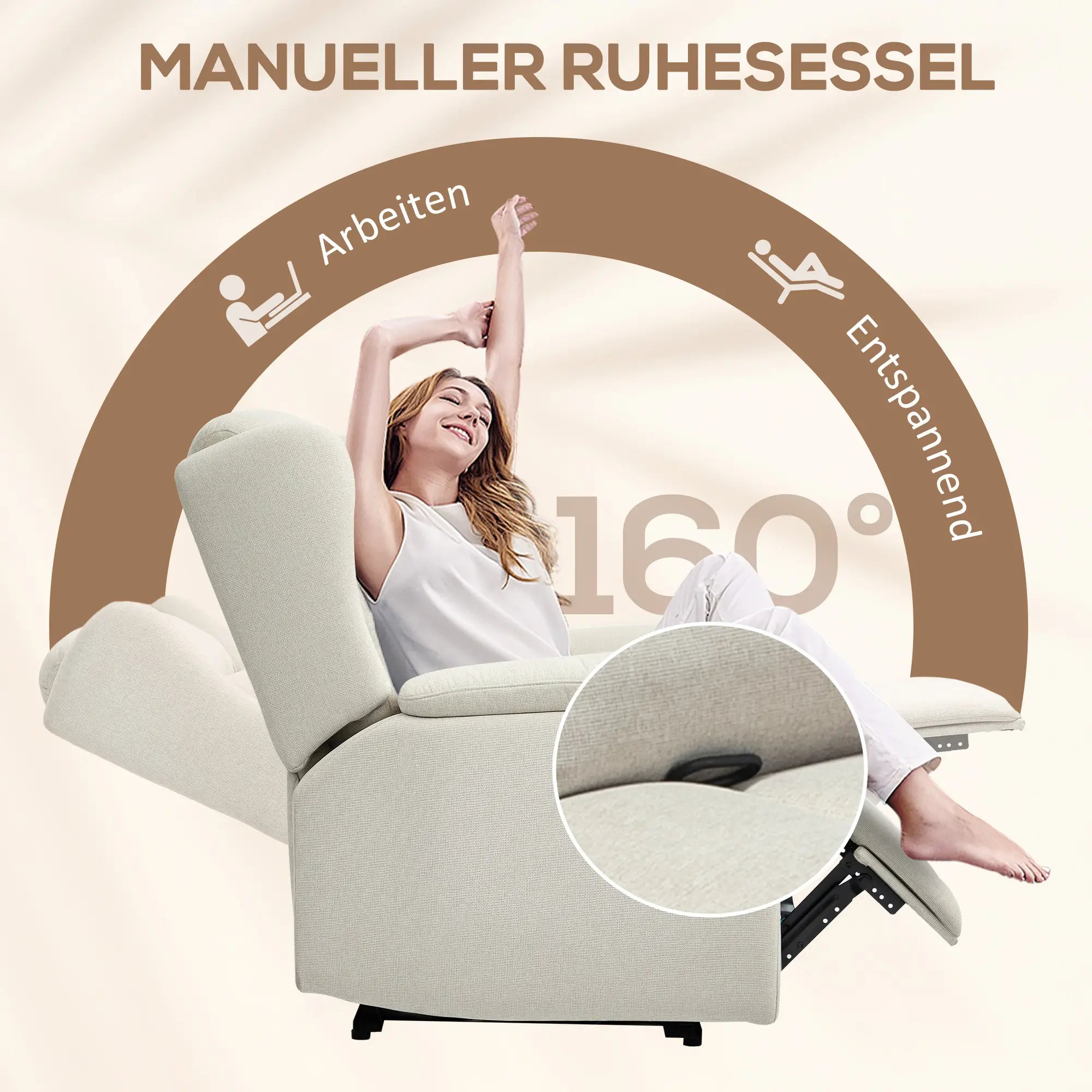 HOMCOM Poltrona TV reclinabile con schienale regolabile a 160° e molle insacchettate, beige