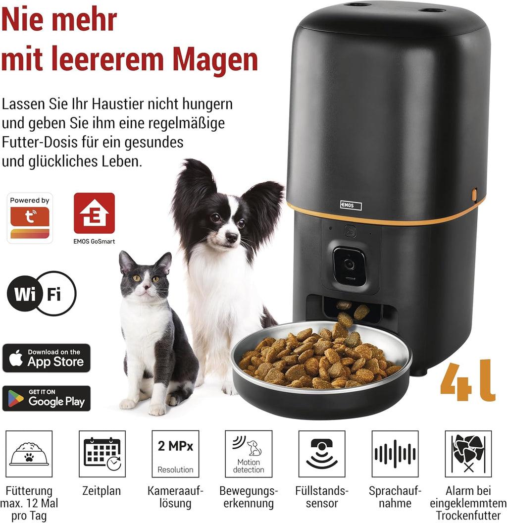 EMOS - GoSmart Futterautomat 6 l mit Kamera - WLAN Pet Care Futterspender mit App - Trockenfutter Automat für Katze & Hund mit Zeitplan, Sprachaufzeichnung, Dosierung 1–12 Mahlzeiten pro Tag - Schwarz