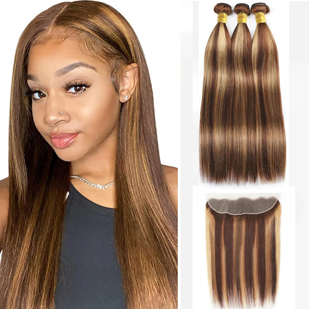 Fasci di capelli lisci brasiliani LavishBeauty con mèches P4-27 e frontal HD