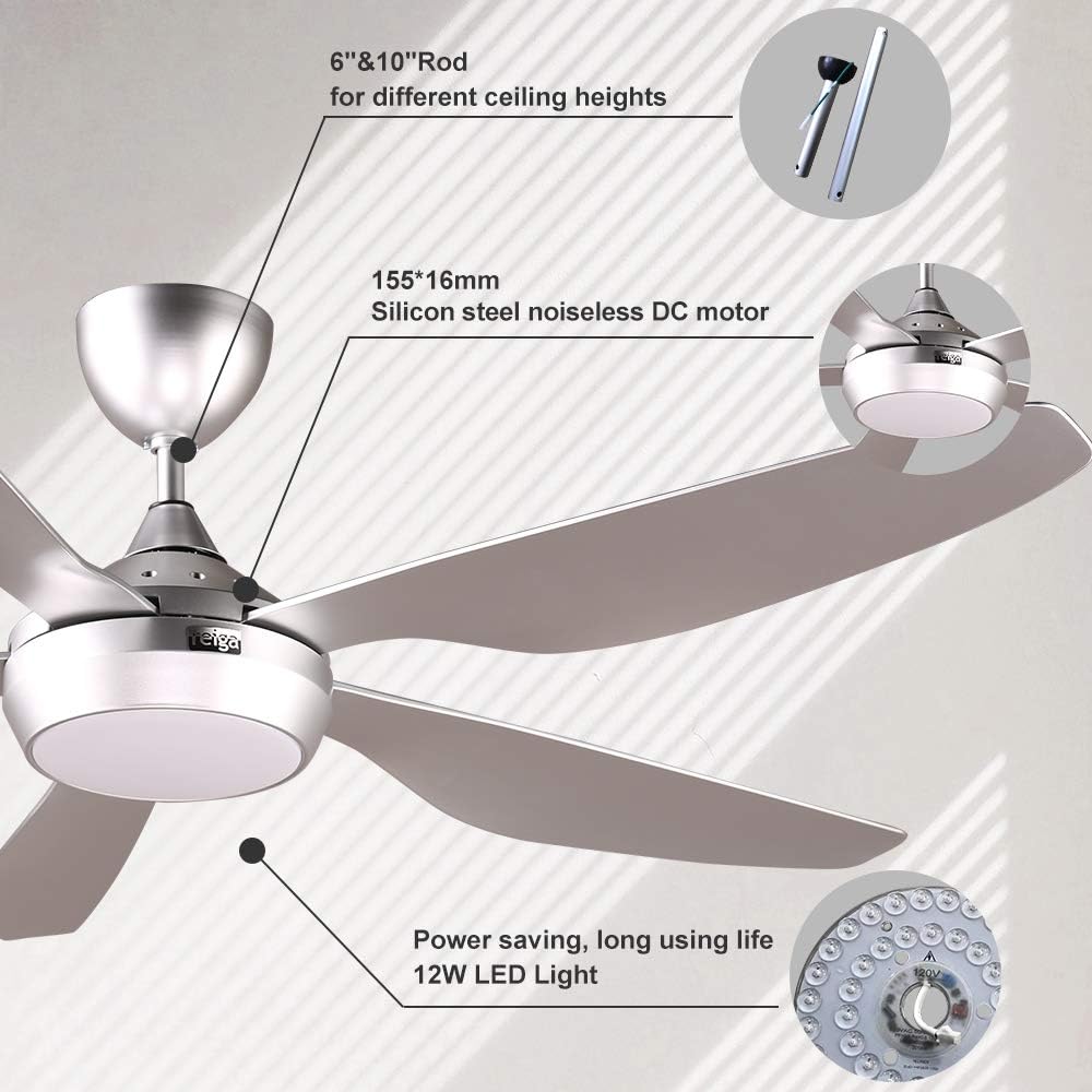 reiga Ventilatore da soffitto WiFi 132 CM con illuminazione a LED dimmerabile e telecomando, 3 temperature di colore, motore DC 6 velocità, compatibile con l'App Alexa Google Home, legno e marrone
