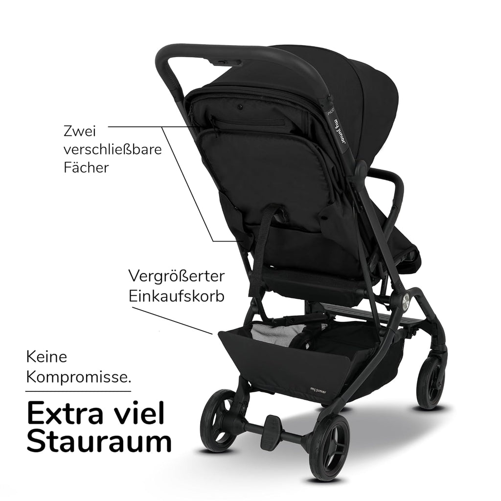 my junior® Buggy PICO³ | bis 22kg | Einhand AutoFold-Klappmechanismus | Ergonomische Liegeposition nach IGR e.V. | großes Sonnenverdeck UV50+ | Handgepäckmaß | 2 Belüftungsfenster Hazel - Black
