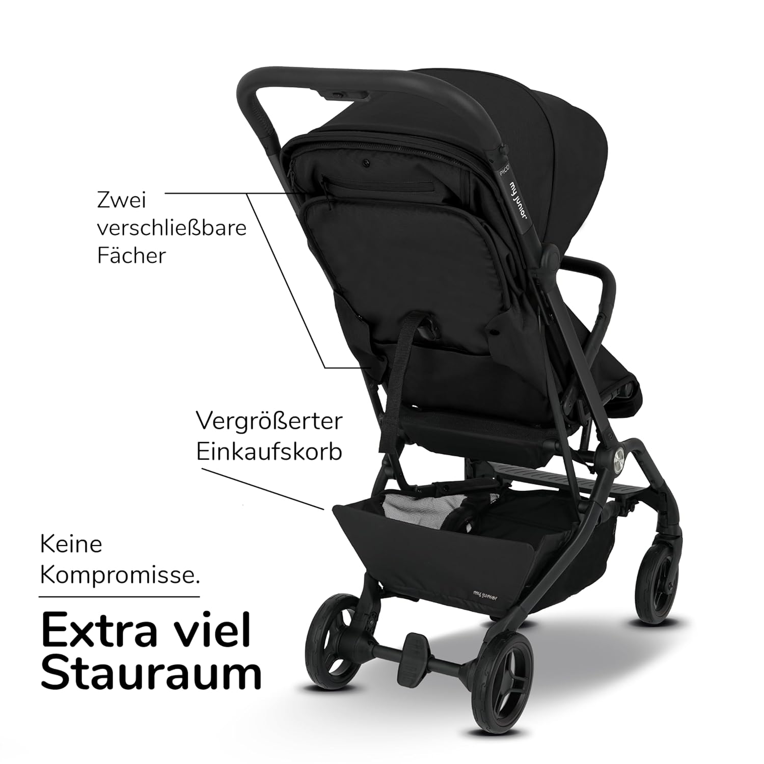my junior® Buggy PICO³ | bis 22kg | Einhand AutoFold-Klappmechanismus | Ergonomische Liegeposition nach IGR e.V. | großes Sonnenverdeck UV50+ | Handgepäckmaß | 2 Belüftungsfenster Hazel - Black