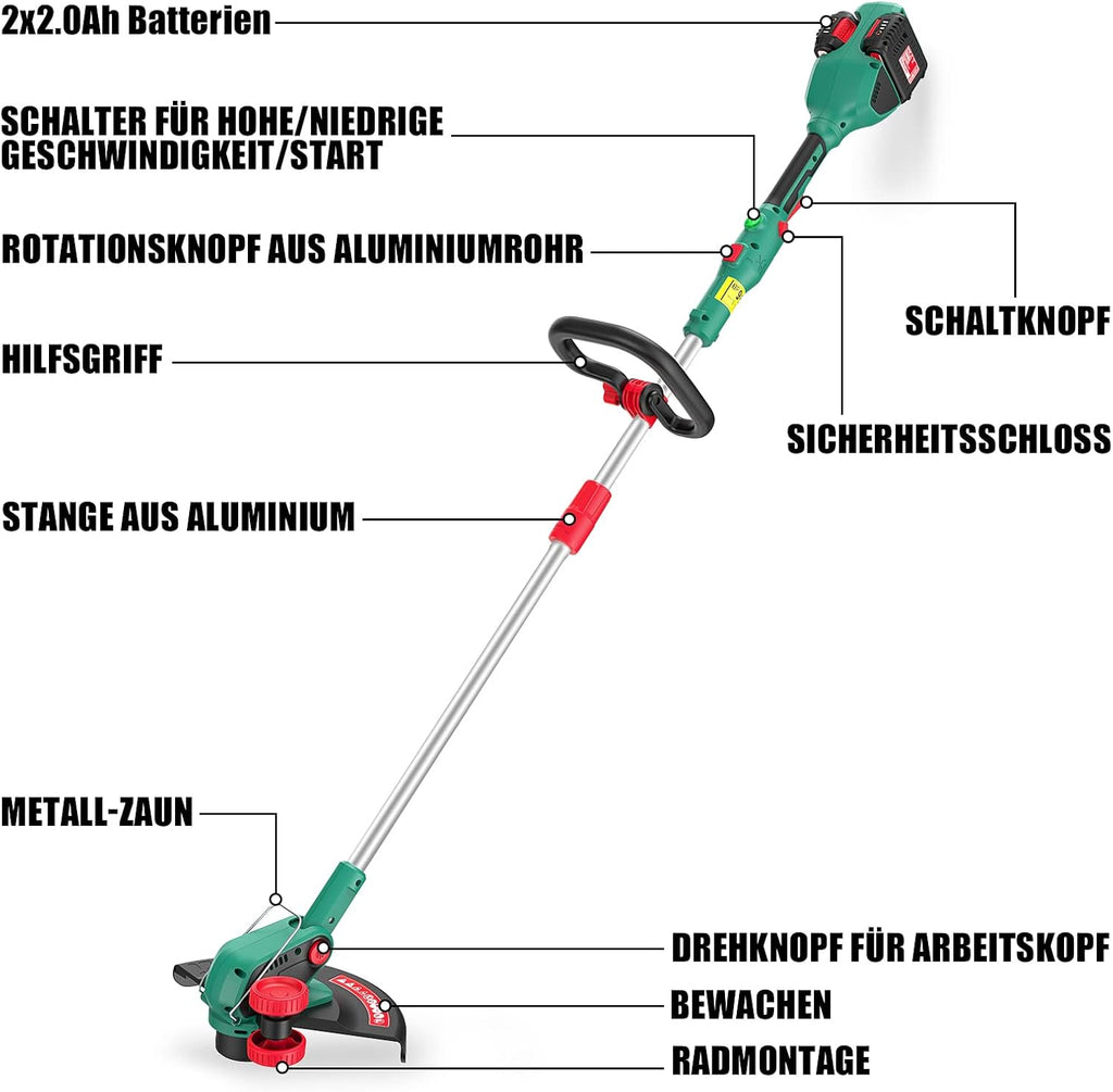 Tagliabordi a batteria HYECHO 36V, Tagliabordi senza spazzole con 2 batterie da 2,0Ah, Tagliabordi a batteria con velocità variabile, Diametro di taglio 35 cm, Impugnatura regolabile, Testa girevole a 2 fili