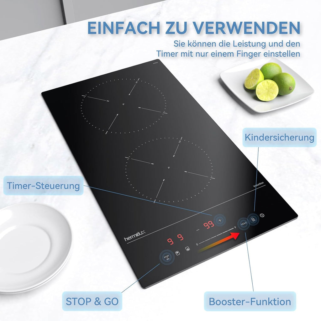 Induktionskochfeld 60cm, Eingebautes Schwarzes elektrisches Kochfeld, mit 4 Kochzonen, 9 Leistungsstufen, Geeignet für Eisen- und Edelstahltpf