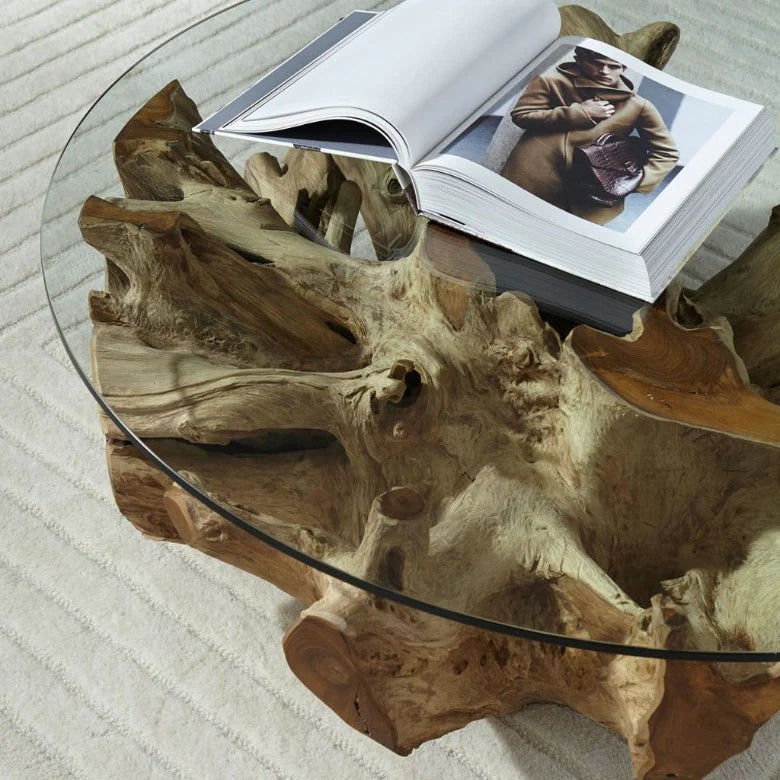 NAGA Couchtisch aus Wurzelholz rund  100 cm mit Glasplatte