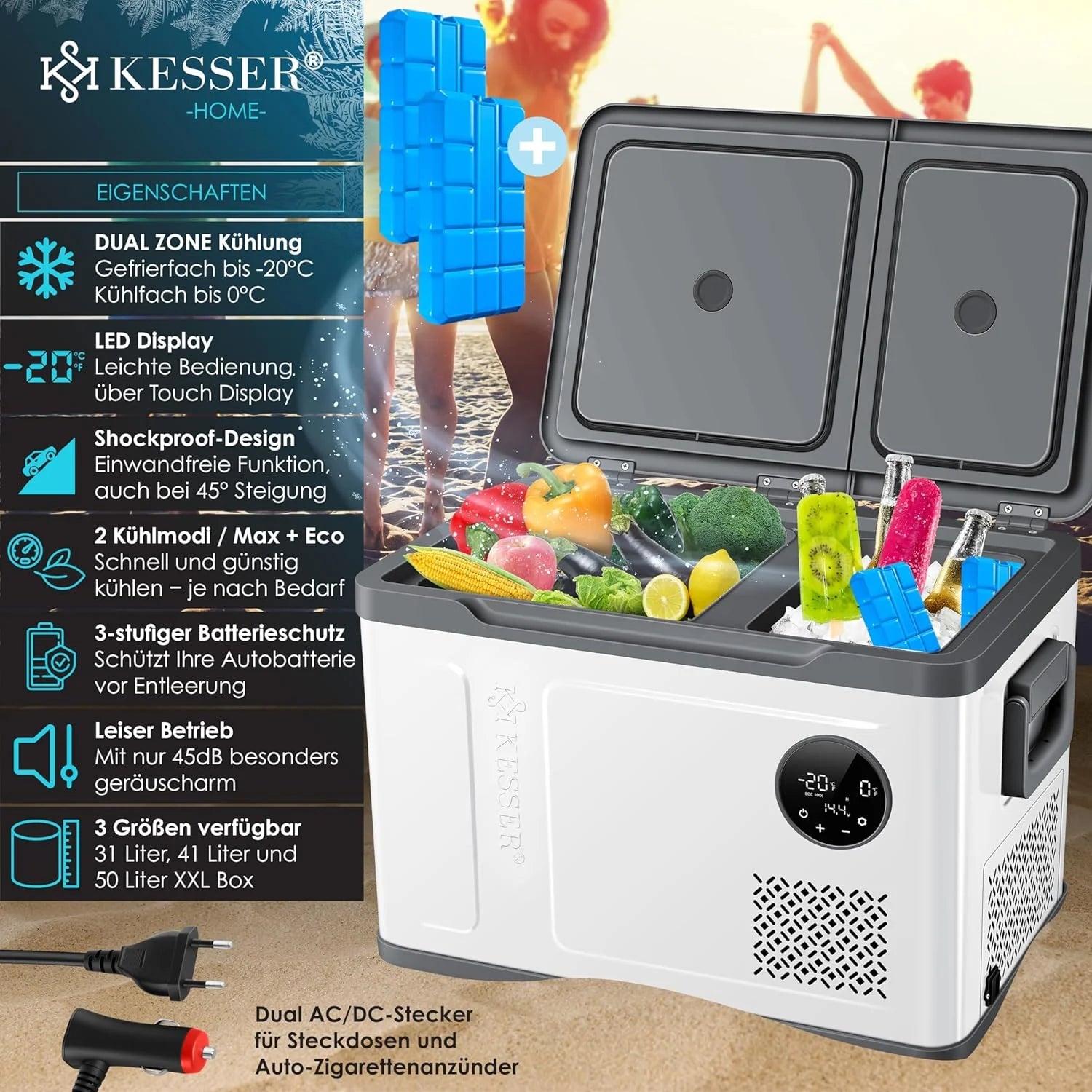 KESSER® Frigorifero portatile a compressore 2in1 doppia zona frigo e congelatore, congelatore elettrico con 2 accumuli di freddo e controllo touch LED | Refrigerazione fino a -20 °C per campeggio, auto, camion 12/24V 230V