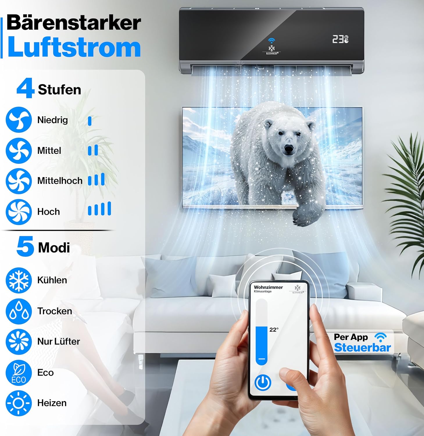 KESSER® Condizionatore Split - con funzione WiFi/App - Raffreddamento A++/Riscaldamento A+ - 9000 BTU/h (2.600 Watt) Refrigerante R32 - Telecomando, funzione timer - Kit di montaggio completo incluso