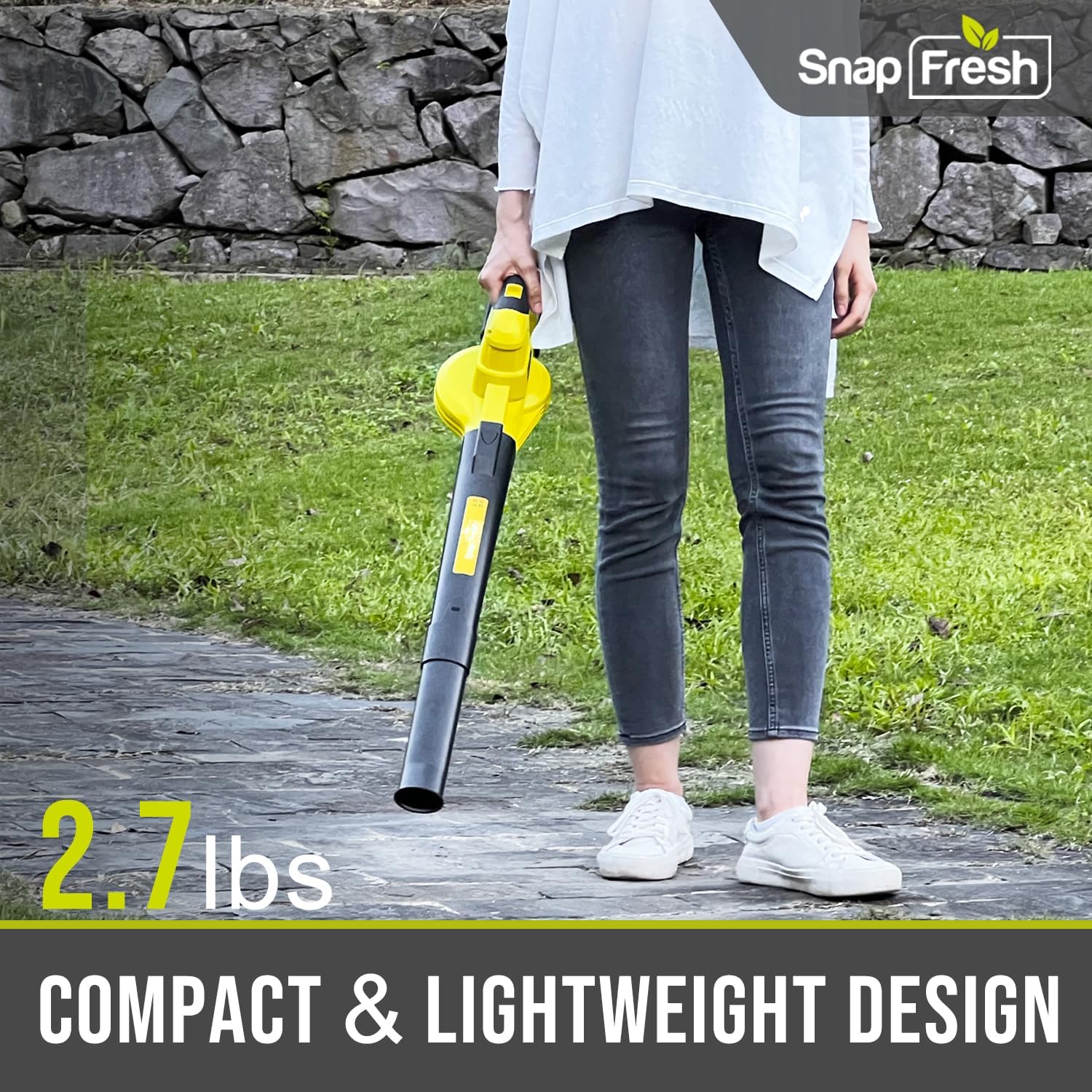 SnapFresh Soffiatore a Batteria 20V, Soffiatore Elettrico Senza Fili con Batteria e Caricabatterie - 210 km/h 240 m/h / 2 Velocità dell'Aria / Leggero Compatto 1,2 kg per Cura del Prato, Giardino, Cortile (Giallo)