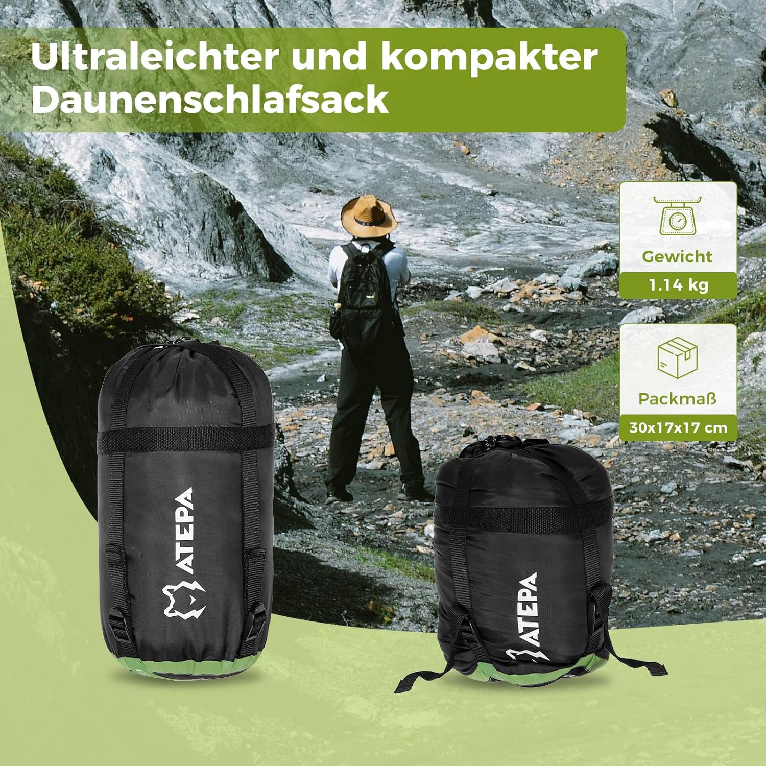 ATEPA Daunen Schlafsack Winter mit abnehmbare Decke, daunen Schlafsack XXL für 3-4 Jahreszeiten mit mattenbefestigung, Fußkasten, Zwei-Wege-Reißverschluss, Camping Outdoor