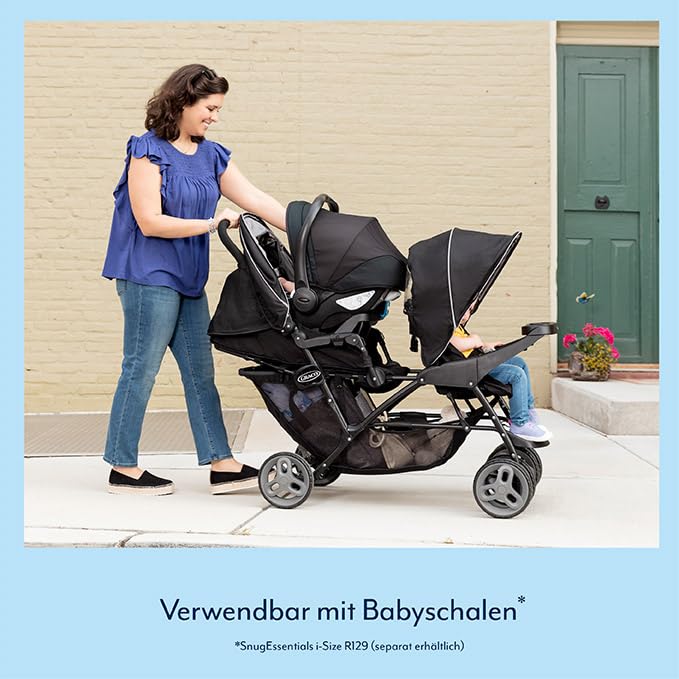 Graco Stadium Duo Passeggino Gemellare, 0-15 kg, utilizzabile anche con seggiolino auto, schienali reclinabili, pieghevole, sta in piedi da solo, ampio cestello portaoggetti, include vassoi portaoggetti, Titanium