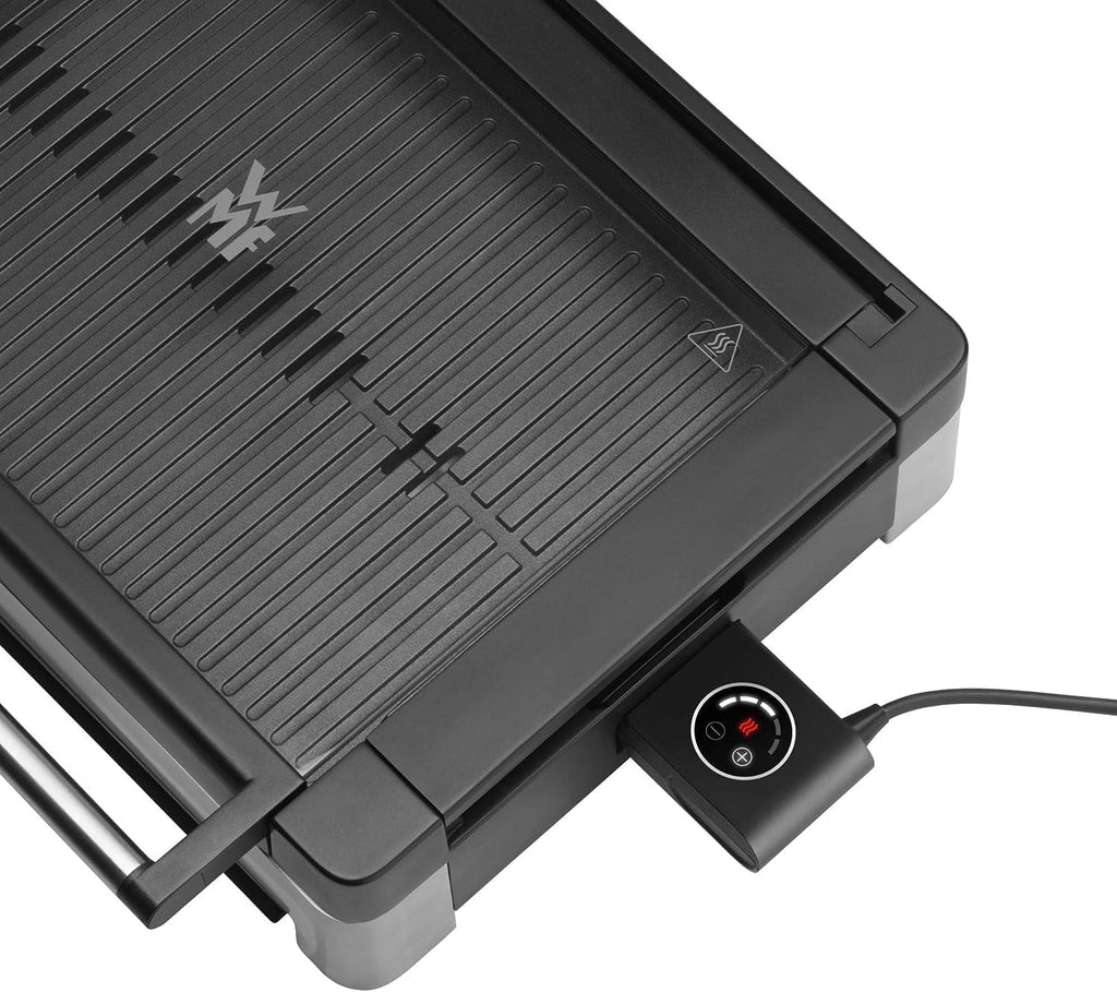 WMF Lono Barbecue elettrico da tavolo con coperchio in vetro, piastra rivestita, vaschetta raccogli-grasso rimovibile, lavabile in lavastoviglie, acciaio inox opaco, 2200 Watt