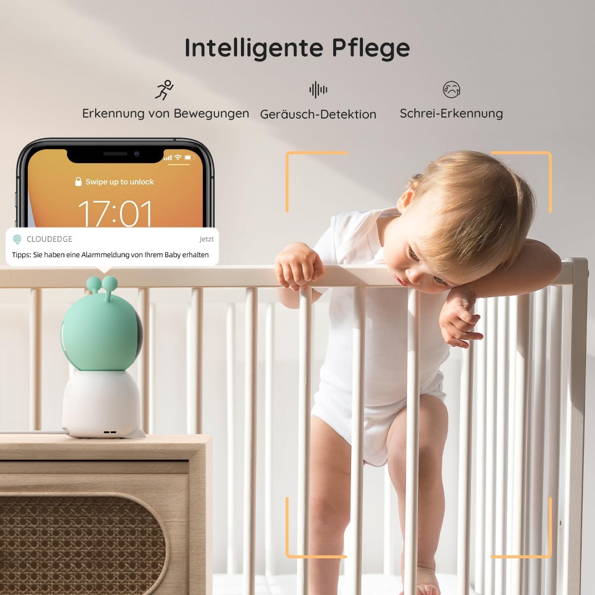 BOIFUN Babyphone mit 2 Kamera App, 2K HD Bild, PTZ 355°/60°, 4×Zoom, Automatische Verfolgung, Weinen/Bewegungs/Geräuscherkennung, Temperatur und Feuchtigkeitsmessung
