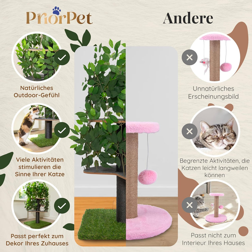 Tiragraffi albero naturale per arrampicarsi, nascondersi e dormire - grande con foglie intercambiabili - a più livelli, facile da montare - materiali sicuri per animali domestici, durevole e robusto albero per gatti brevettato