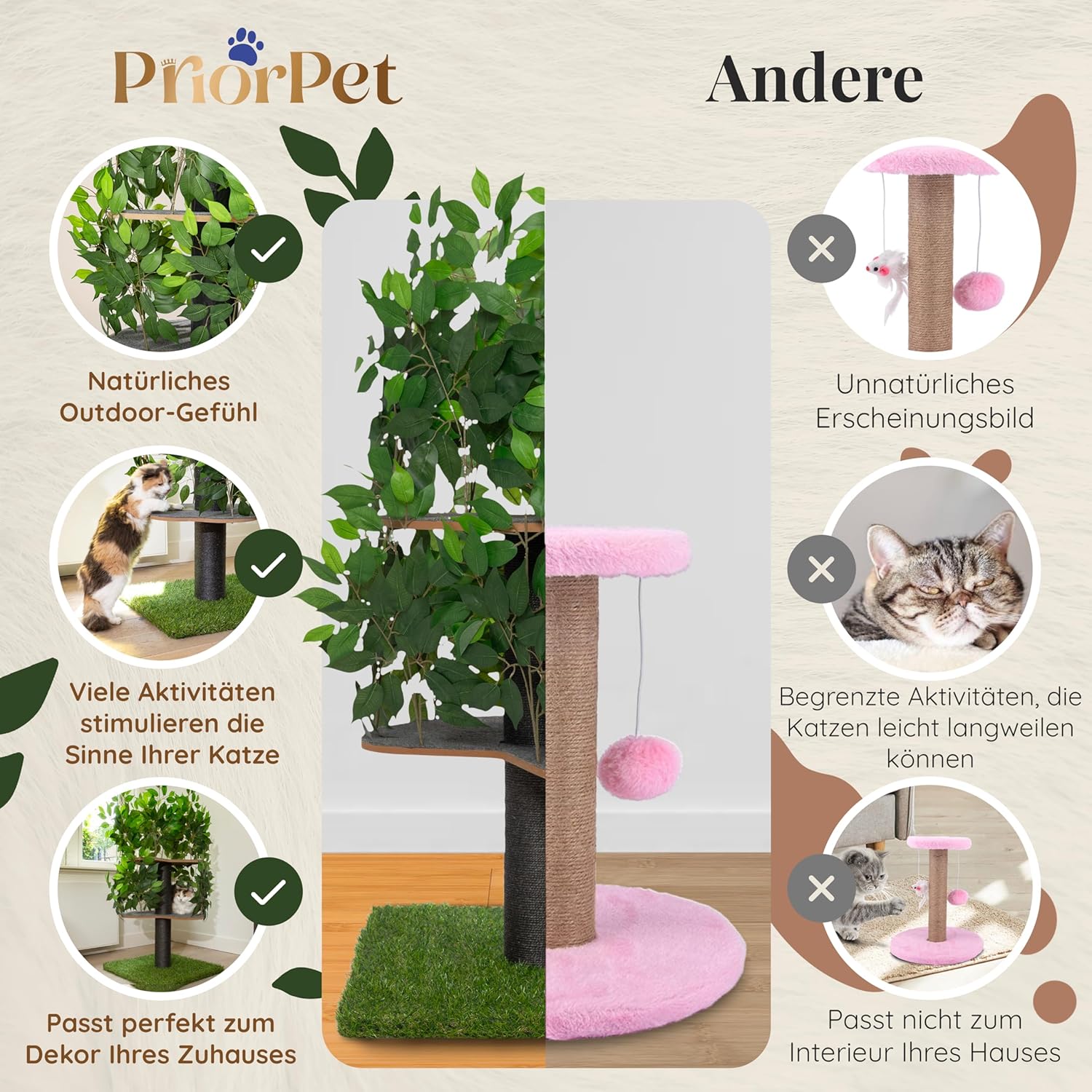 Tiragraffi albero naturale per arrampicarsi, nascondersi e dormire - grande con foglie intercambiabili - a più livelli, facile da montare - materiali sicuri per animali domestici, durevole e robusto albero per gatti brevettato
