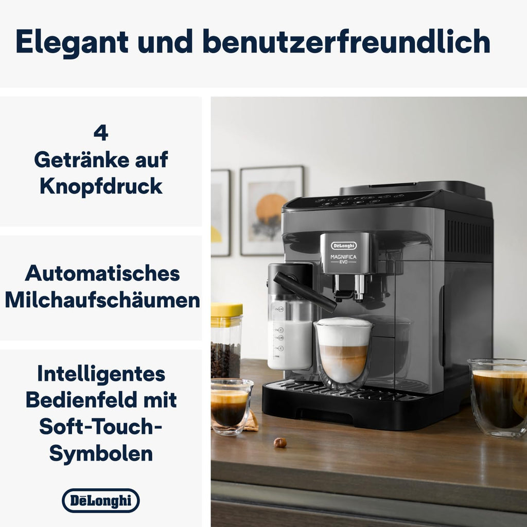 De'Longhi Magnifica Evo ECAM292.81.SB, macchina da caffè automatica con sistema latte, 7 tasti per selezione diretta di cappuccino, espresso e altre specialità di caffè, pannello di controllo, funzione 2 tazze, argento/nero