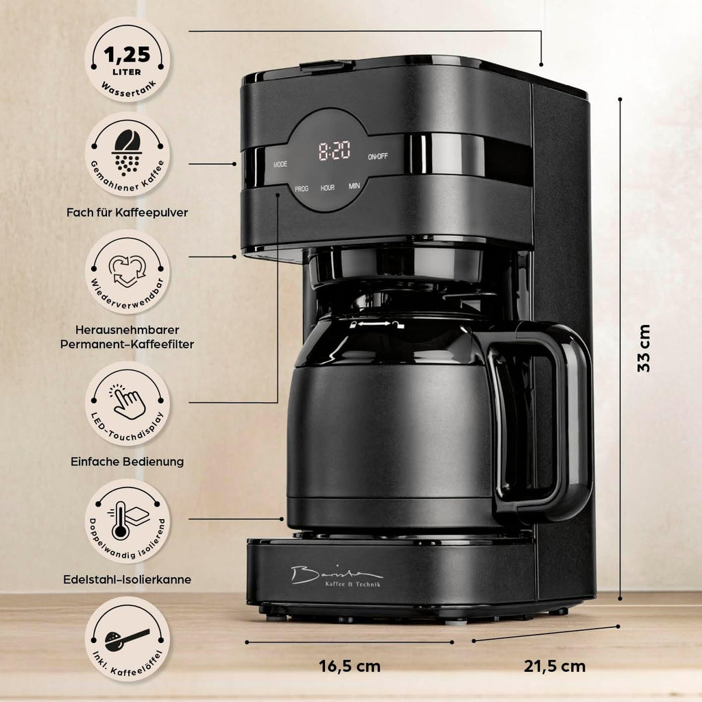 Barista Kaffeemaschine mit Mahlwerk | Filterkaffeemaschine mit Glaskanne | 900W Filtermaschine mit Touchdisplay & Timerfunktion für bis zu 10 Tassen | 1,25 Liter Kaffeekanne | Für Bohnen & Pulver