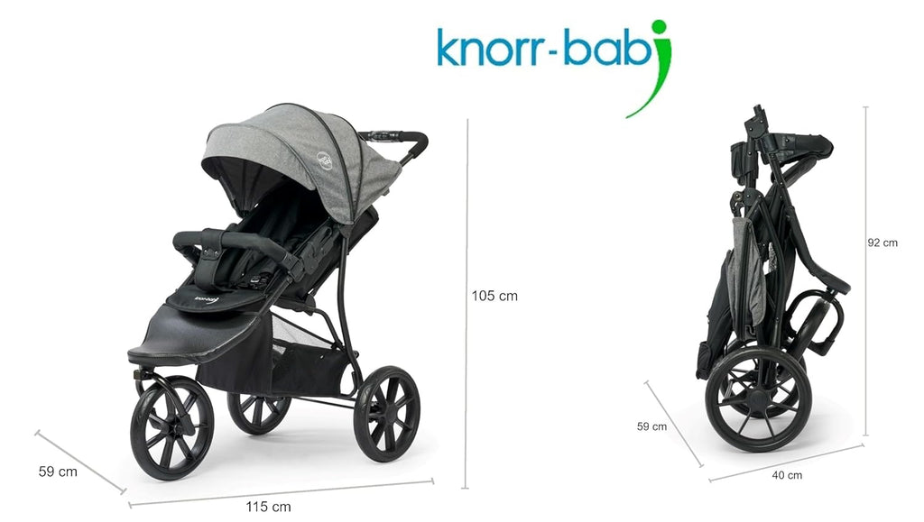 Knorr Baby Joggy S, Babyjogger, Kinderwagen, Jogger, Dreirad, Kinderbuggy mit Einhandfaltsystem, Liegefunktion, Schwenkrad, bis 25 kg belastbar (Sitz 22 kg, Korb 3 kg), klappbar – Grau Melange
