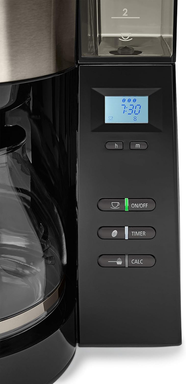 Melitta AromaFresh - Macchina da caffè con filtro - con caraffa in vetro - macinacaffè integrato - funzione timer - 10 tazze - Pure Black