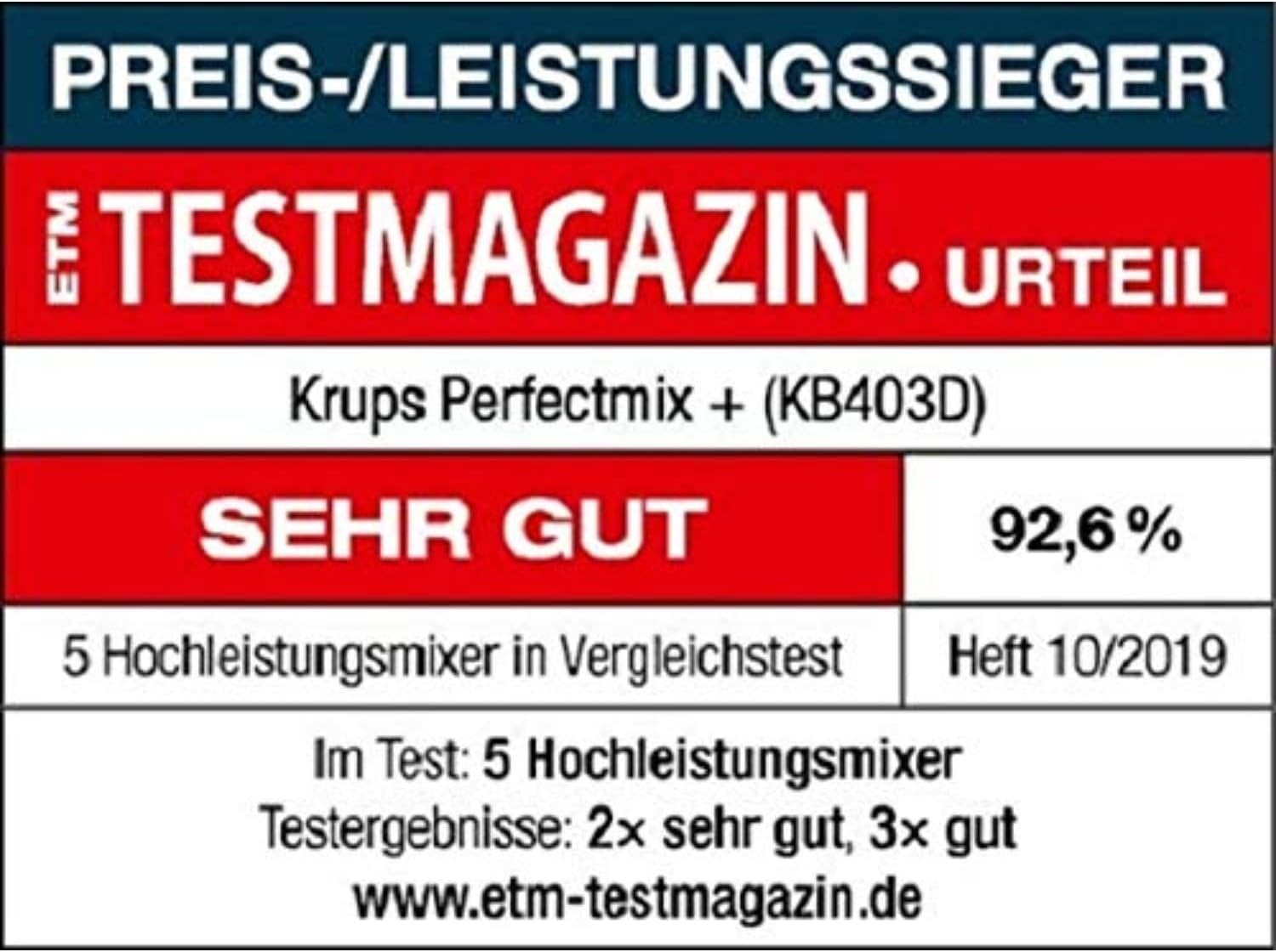 Krups KB403D Perfectmix + Hochleistungsstandmixer, 1.200W, 28.000 UpM, 2L Glasbehälter, 3 voreingestellte Programme, Powelix- Technologie, Edelstahl/Dunkelgrau