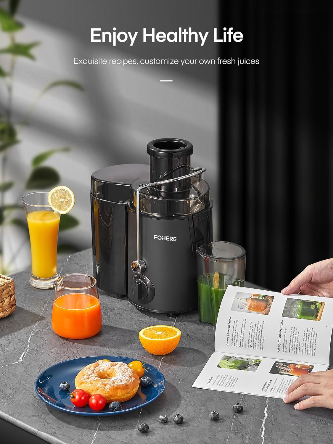 FOHERE Centrifuga per Frutta e Verdura in Acciaio Inox, 400W con Imboccatura Larga da 65 MM e 3 Velocità, Funzione Anti-Goccia e Protezione da Surriscaldamento con Spazzola per la Pulizia, Argento