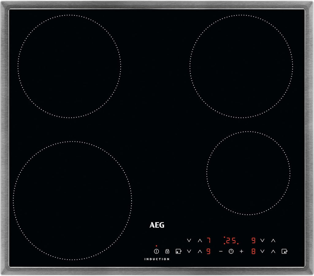 AEG Piano cottura a induzione autarchico 60cm / 4 zone con 2x funzione Power per una cottura rapida / 9 livelli di potenza / cornice in acciaio inox / Timer / Controlli Touch / Blocco di sicurezza bambini / Indicatore di calore residuo / IKB6430AMB