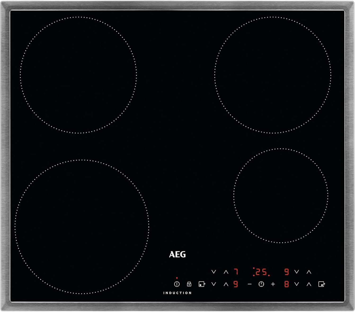 AEG Piano cottura a induzione autarchico 60cm / 4 zone con 2x funzione Power per una cottura rapida / 9 livelli di potenza / cornice in acciaio inox / Timer / Controlli Touch / Blocco di sicurezza bambini / Indicatore di calore residuo / IKB6430AMB